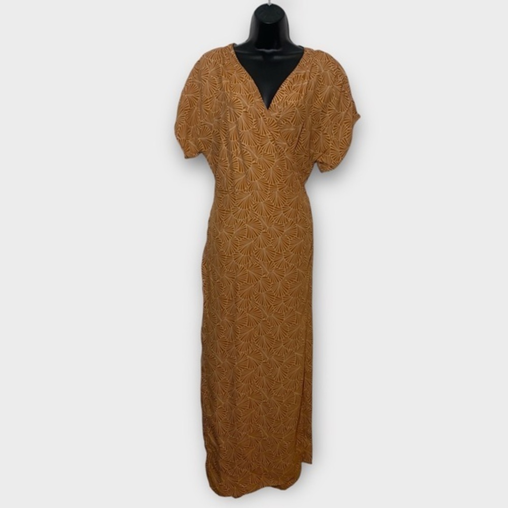 Saint Helena Burnt Orange & Tan V-Neck Short Sleeve Maxi Wrap Dress Size Medium